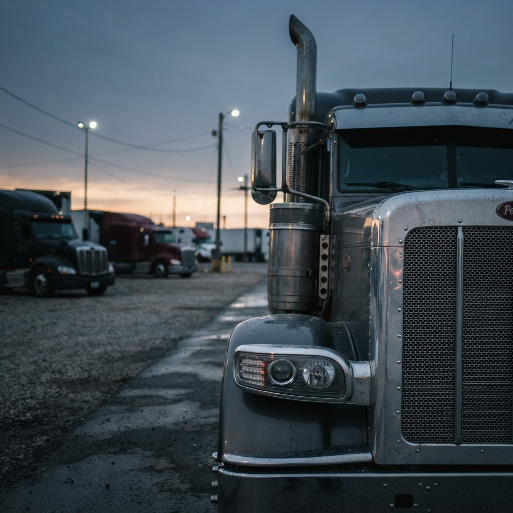 Close-up detail of a semi truck tractor at a truck stop