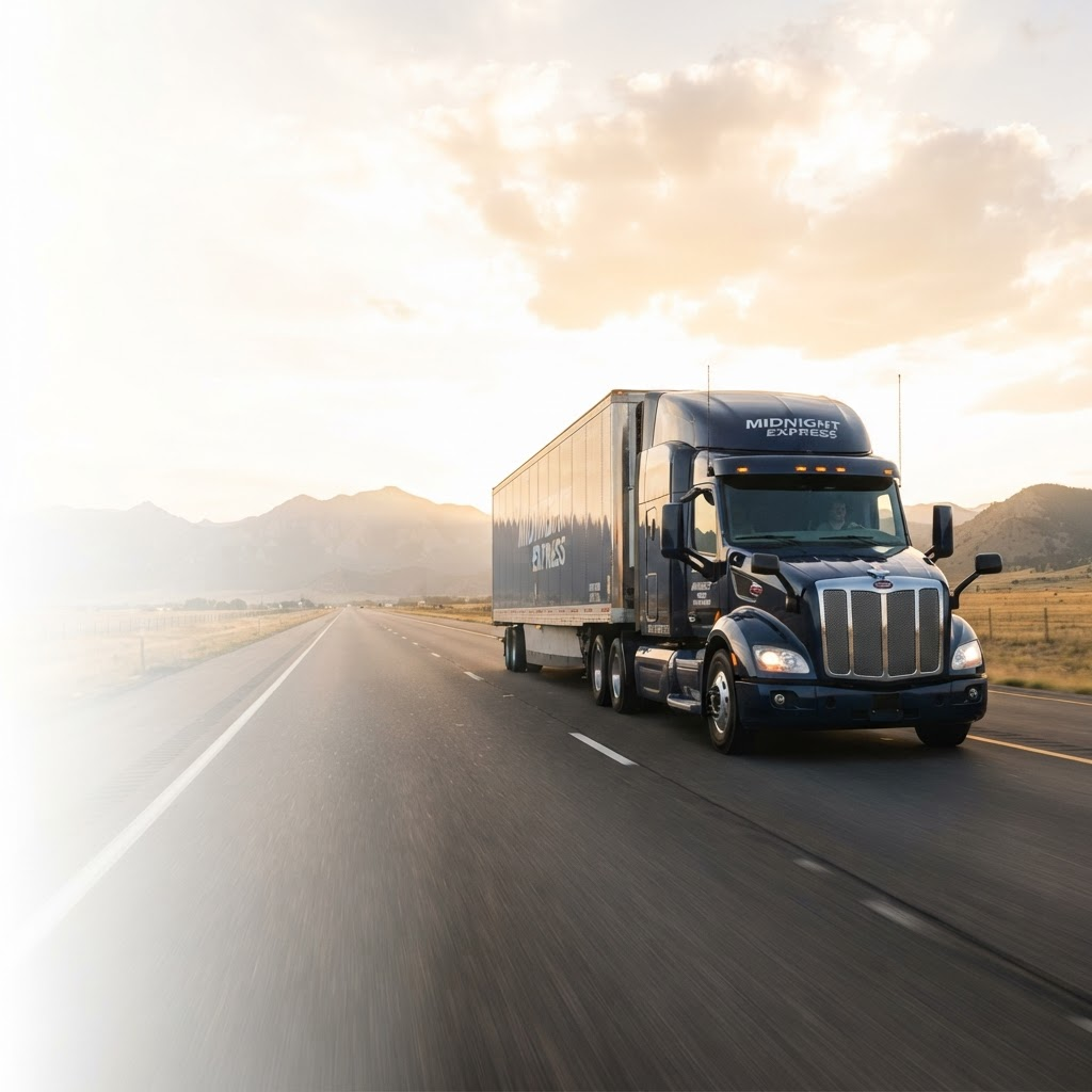 A semi truck driving down an open interstate highway at golden hour