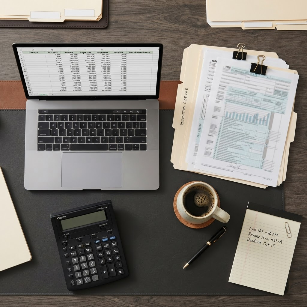 A tax resolution desk with documents, a laptop and a calculator